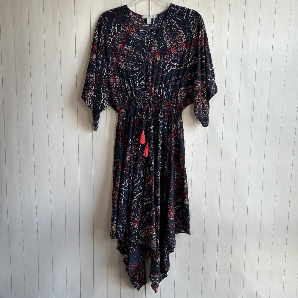 Charlie Jade size S midi dress 100% silk navy colorful handkerchief hem boho